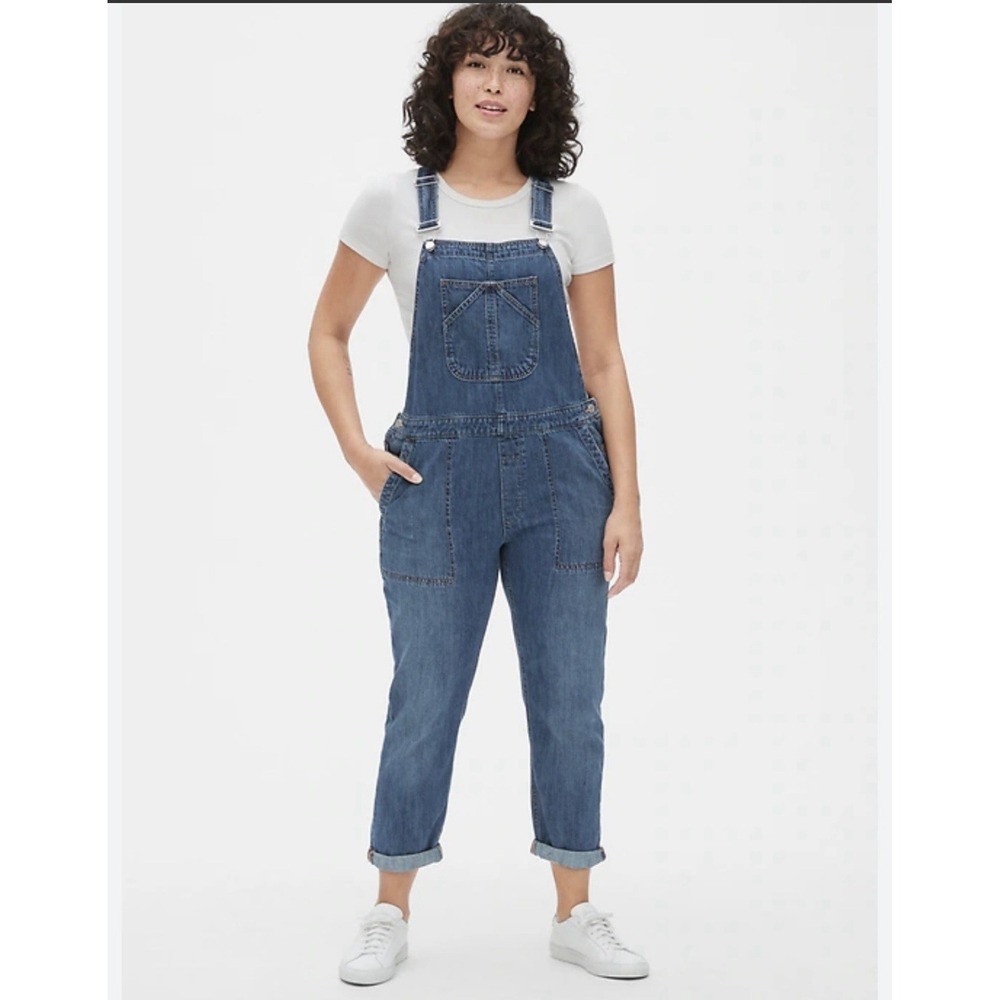Gap Slouch Fit Cropped Bib Overalls Y2K 90s Med Wash Denim Womens Size XL